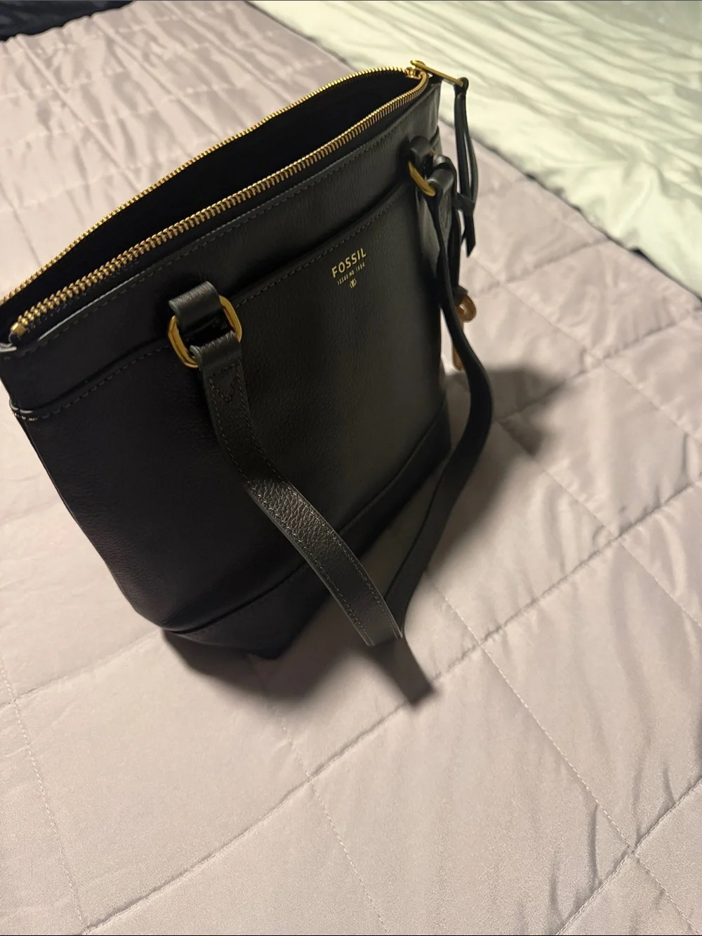 Fossil Black Pebbled Leather Shoulder Bag with Gold Hardware